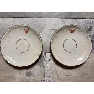 2 COLLECTIBLE PORCELAIN SAUCERS BUTTERFLY MOTIF SCALLOPED EDGES GOLD TRIM!